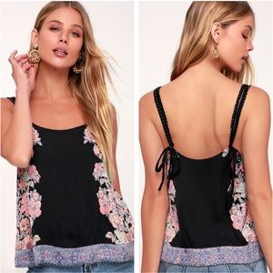 Free People Move Lightly Black Satin Floral Cami